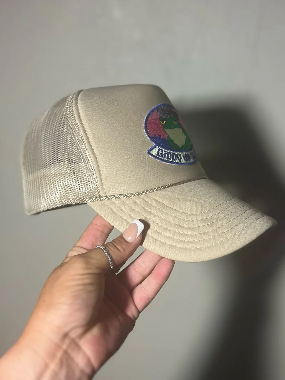 Women’s Beige Trucker Hat with Green Frog Patch and Pink Accent “Giddy Up Sl*ts
